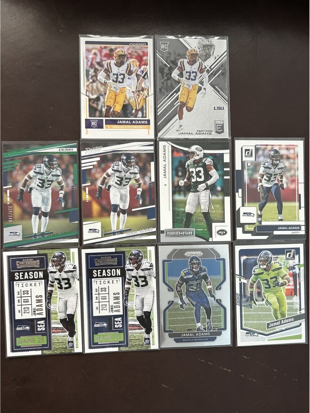 2017 NFL S JAMAL ADAMS 2 RC’S + 2022 INSERT XTRA POINTS GREEN #’d /249+10 CARDS